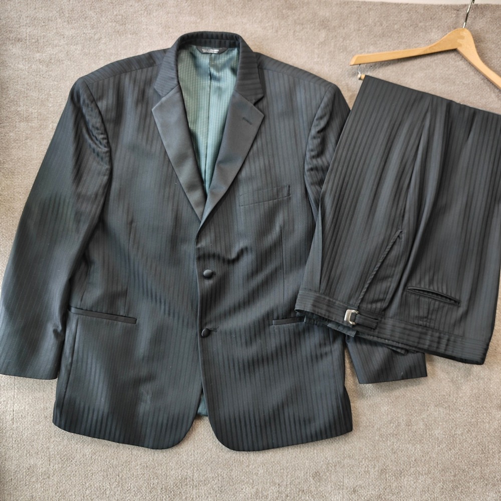 Tallia Ultressa Super 110s Wool Tuxedo Suit Set Mens 48R Black Striped 2 Button